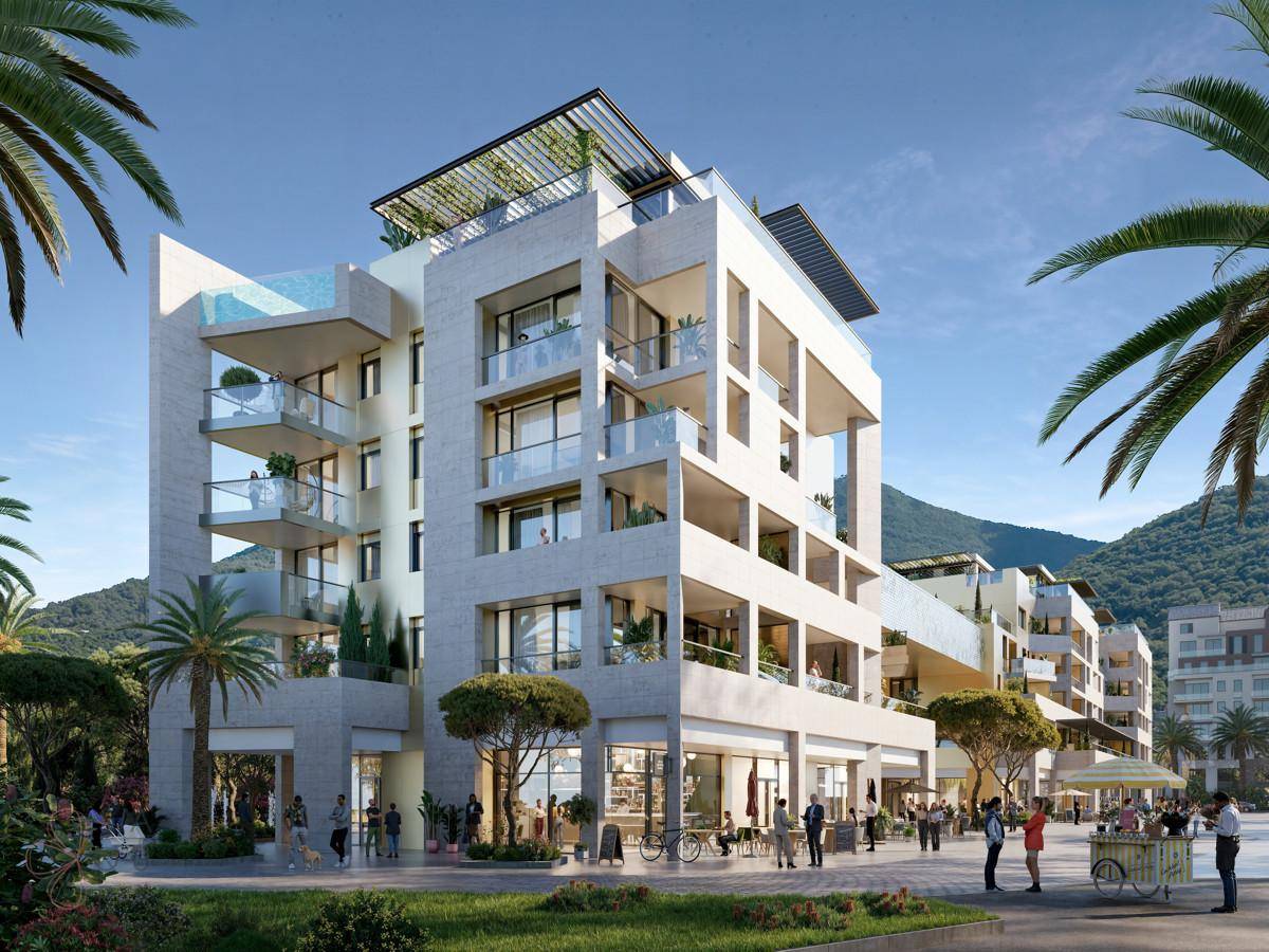 Architektonische Visualisierung eines modernen Gebäudes mit Geschäften im Erdgeschoss und Balkonen.