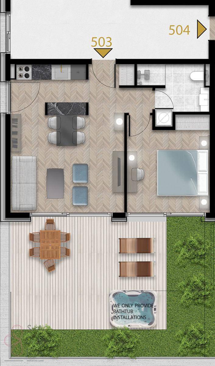 Detaillierter Grundriss einer Wohnung mit Terrasse, Garten und Whirlpool-Installation.