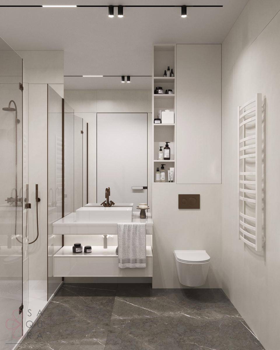 Modernes Badezimmer mit großer begehbarer Dusche, schwebendem Waschtisch und dunklen Fliesen.