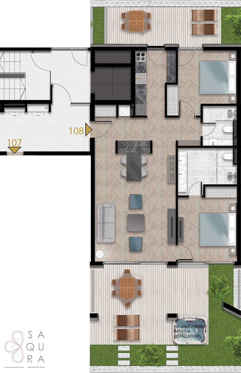 Detaillierter Grundriss einer Wohnung mit zwei Schlafzimmern, offenem Wohnbereich und Terrassen.