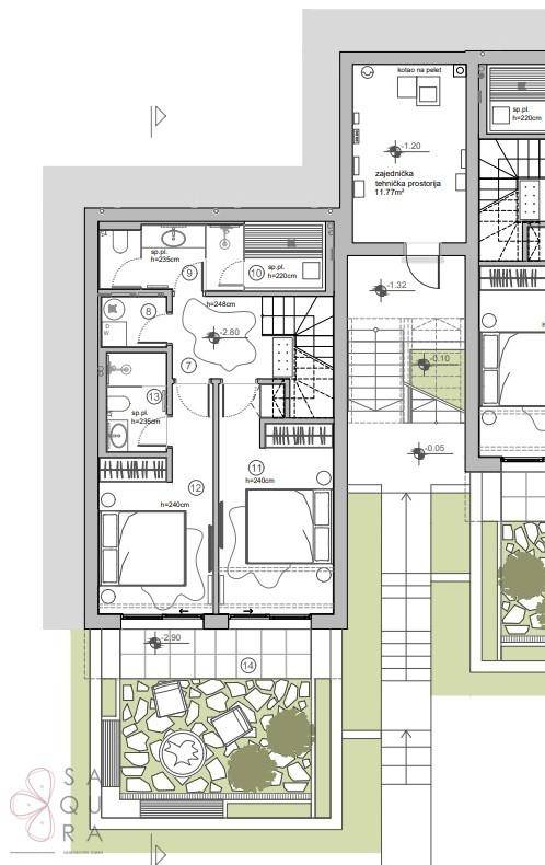 Grundriss des Untergeschosses mit zwei Schlafzimmern, Bädern und Zugang zum Garten.
