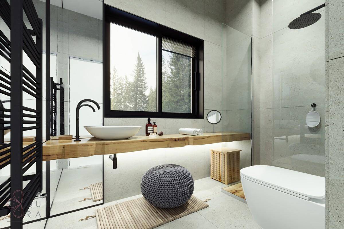 Modernes Badezimmer mit begehbarer Dusche, Holzwaschtisch und Fenster mit Waldblick.