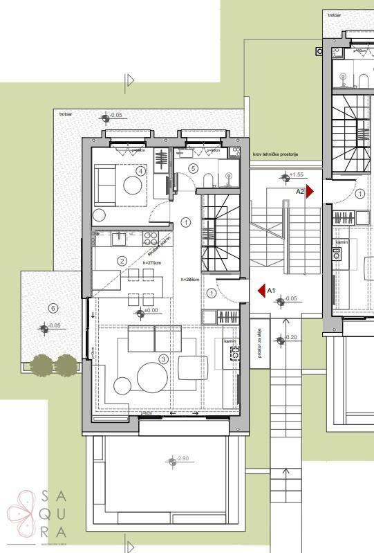 Grundriss des Erdgeschosses mit offenem Wohn-, Ess- und Küchenbereich sowie Terrasse.