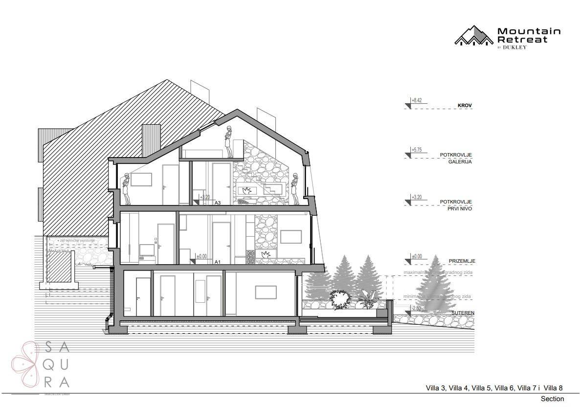 Architektonischer Schnittplan eines mehrstöckigen Hauses mit Dachschräge und Steinfassade.