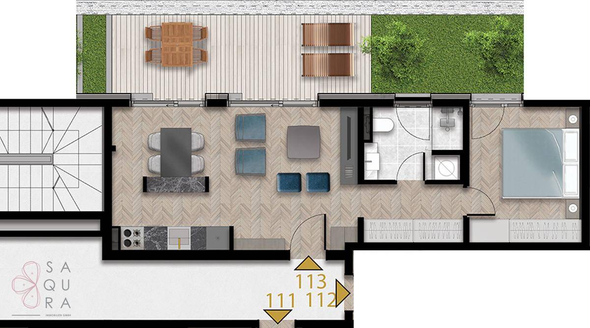 Detaillierter Grundriss einer Wohnung mit Terrasse, Schlafzimmer und offenem Wohnbereich.