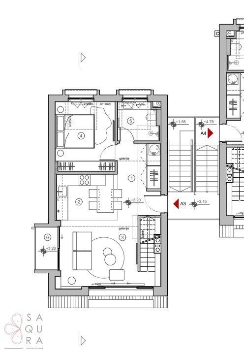 Grundriss eines Apartments mit offenem Wohnbereich, Küche, Schlafzimmer und Bad.