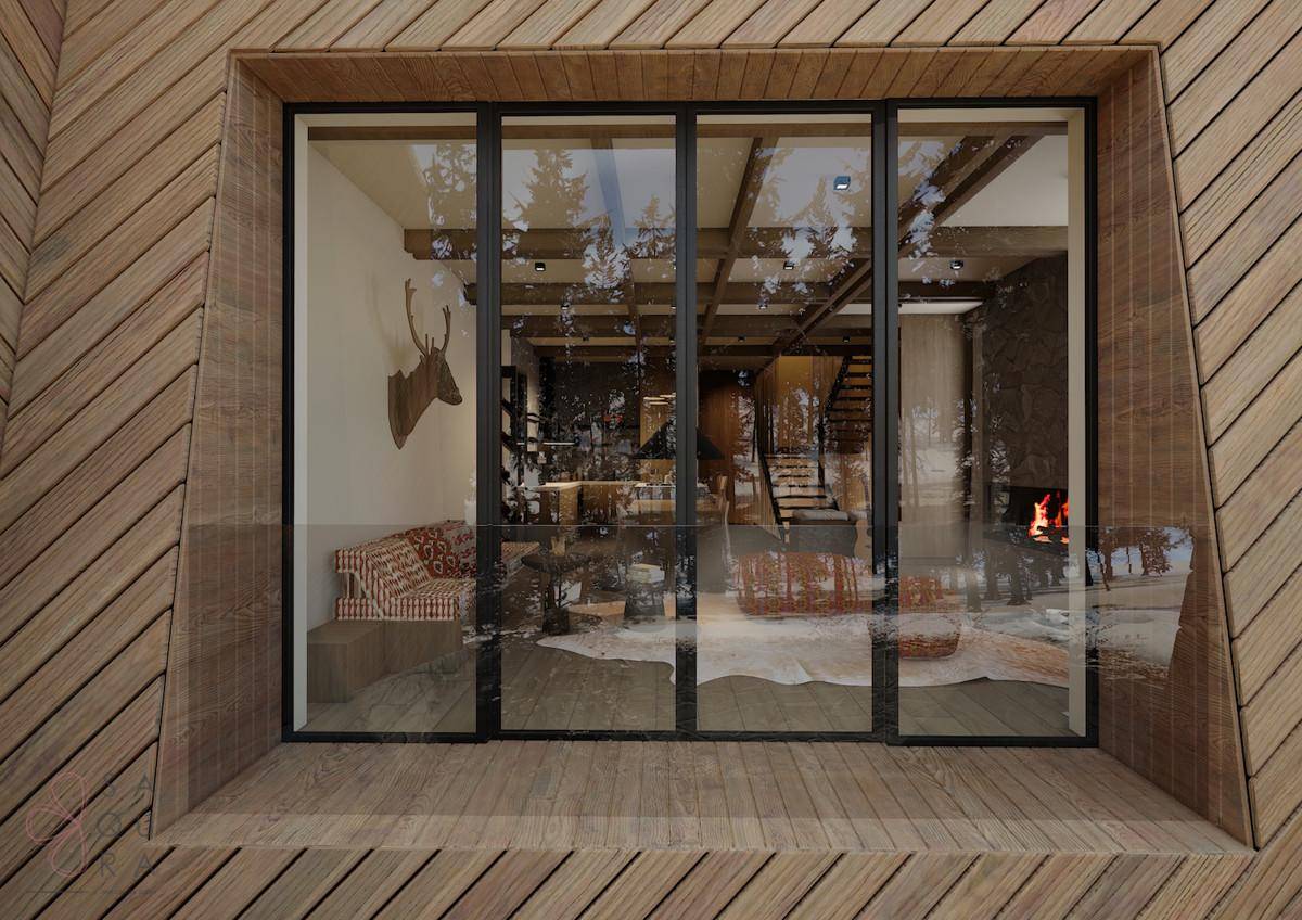 Große Fensterfront eines modernen Holzhauses mit Einblick in den eleganten Wohnbereich.