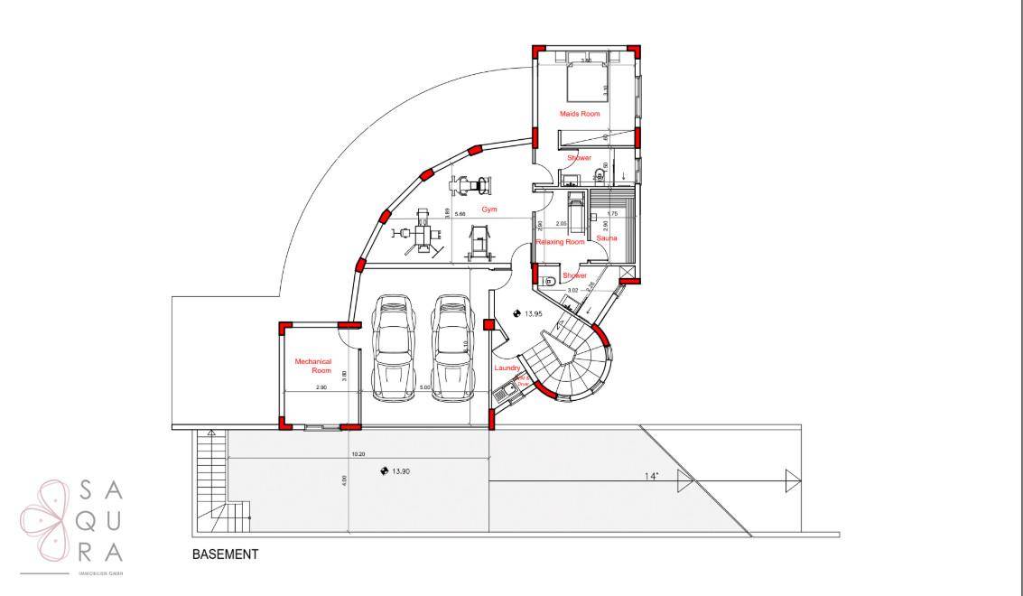 Grundriss des Untergeschosses mit Garage, Fitnessraum, Technikraum und Medienzimmer.