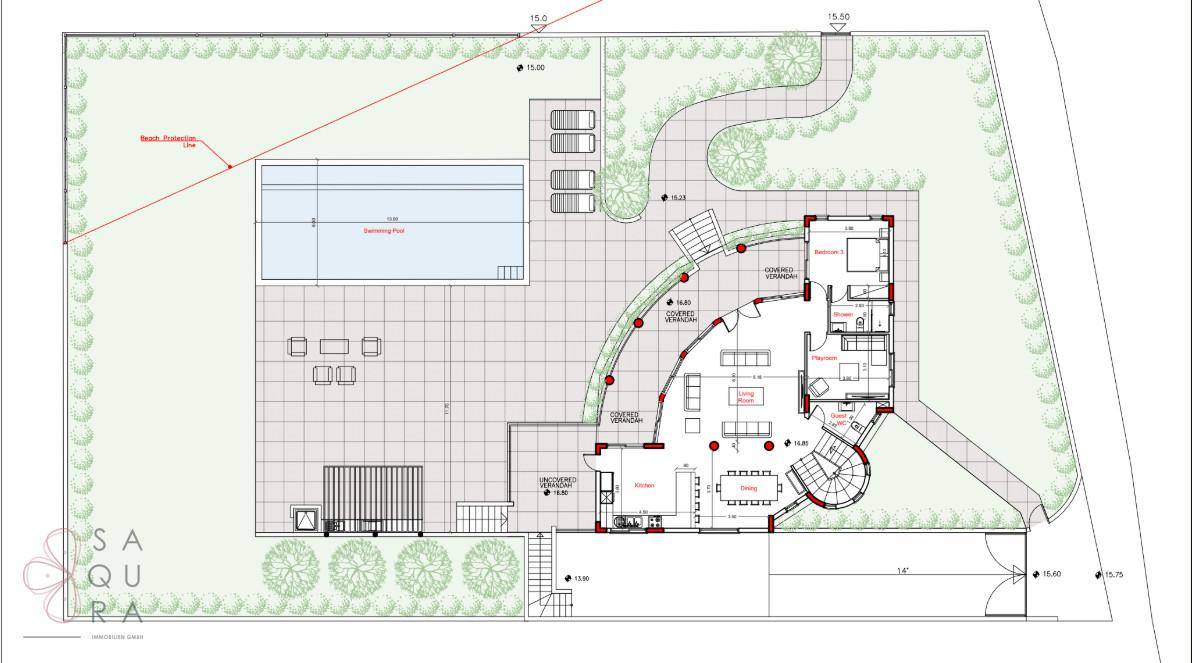 Gesamtgrundriss des Anwesens mit Pool, Garten, Auffahrt und den verschiedenen Wohnbereichen.
