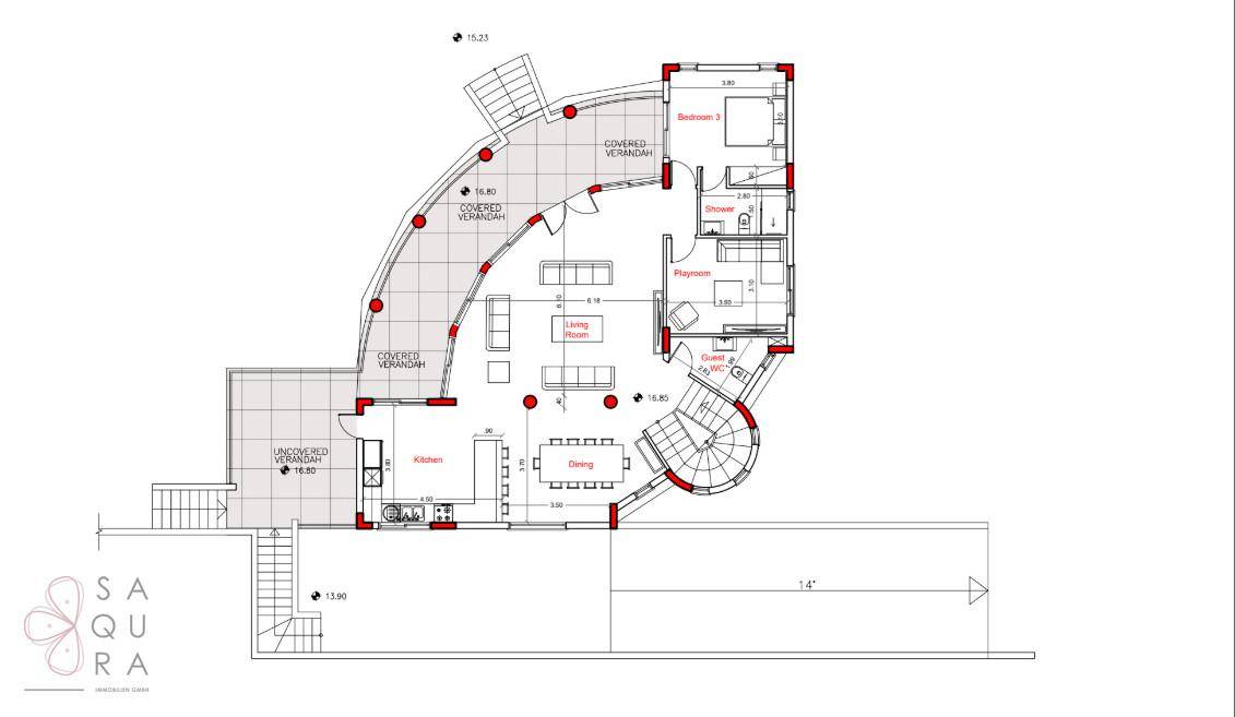 Grundriss mit offener Küche, Ess- und Wohnbereich sowie Schlafzimmer und verschiedenen Veranden.