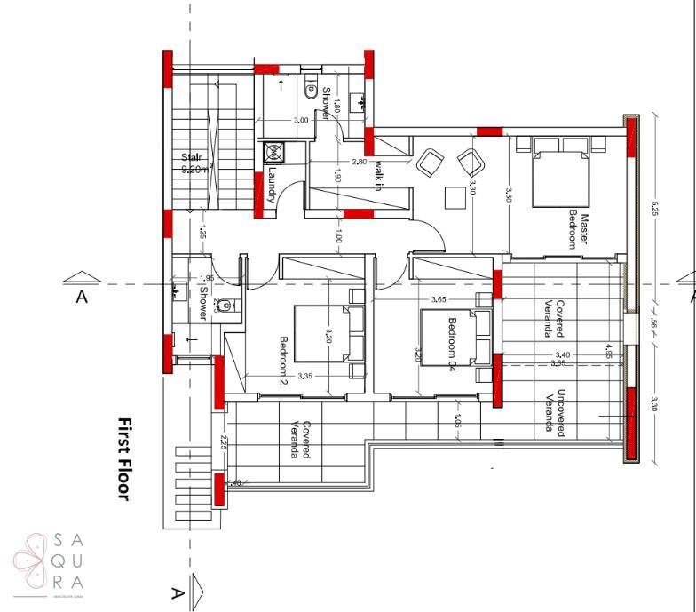 Grundriss des ersten Obergeschosses mit Hauptschlafzimmer, weiteren Schlafzimmern und Veranden.