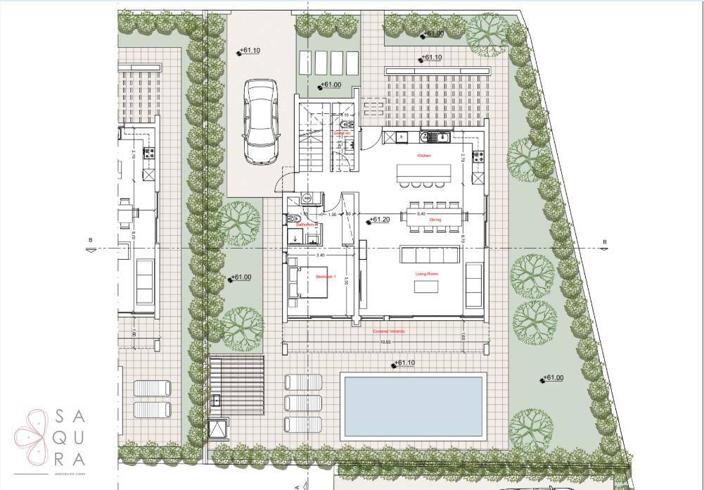 Gesamtgrundriss des Grundstücks mit Haus, Pool, Garten, Parkplatz und offenem Wohnbereich.