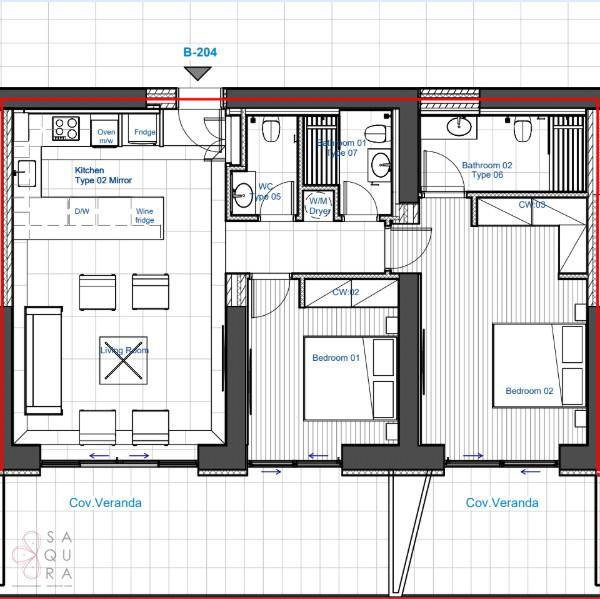 Grundriss einer Wohnung mit zwei Schlafzimmern, zwei Bädern und offener Wohnküche.