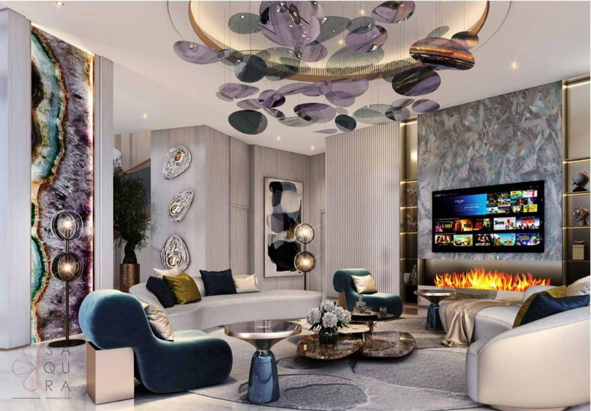 Luxuriöses Wohnzimmer mit modernem Design, stilvollen Möbeln und einem dekorativen Kamin.