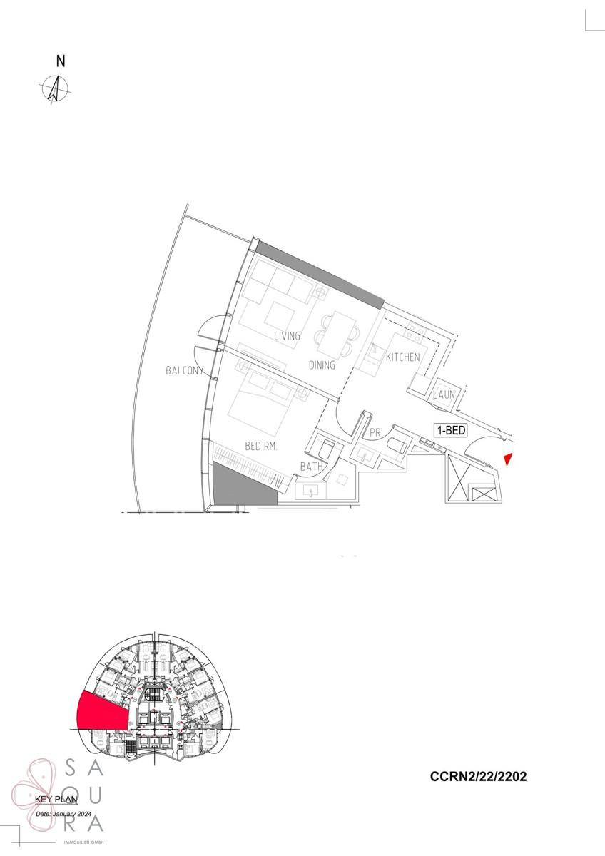Grundriss einer 1-Zimmer-Wohnung mit offenem Wohnbereich, Schlafzimmer und Balkon.