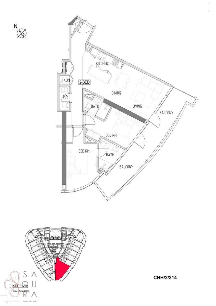 Grundriss einer Wohnung mit zwei Schlafzimmern, zwei Bädern und Balkonen.