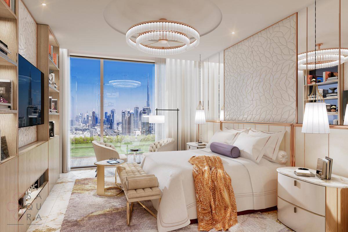 Luxuriöses Schlafzimmer mit großem Bett, Stadtblick und eleganten Einbauschränken.