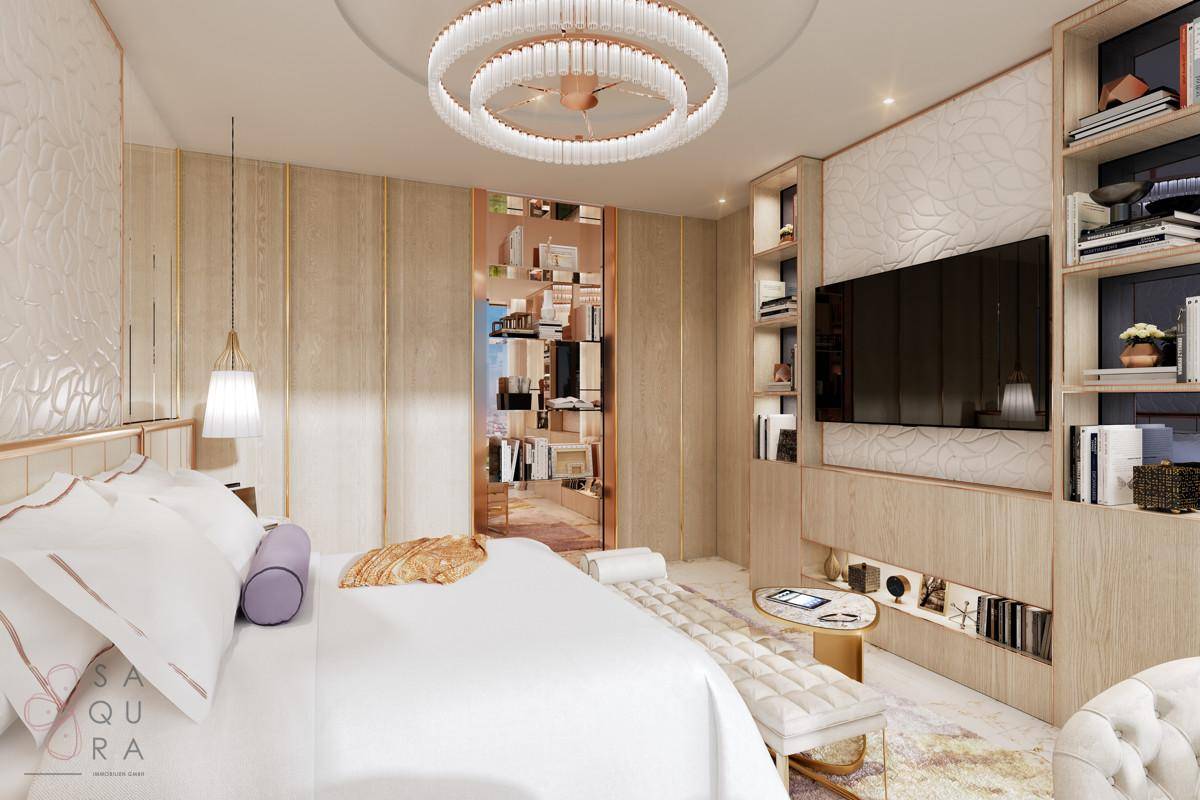 Stilvolles Schlafzimmer mit runder Deckenleuchte, Stadtblick und integrierten Regalen.