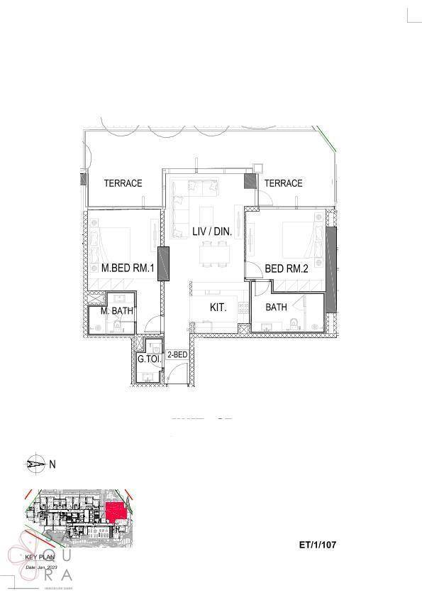 Grundriss einer Wohnung mit zwei Schlafzimmern, zwei Bädern und zwei Terrassen.