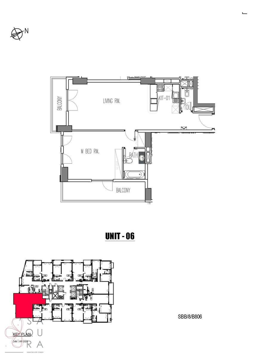 Grundriss einer Wohneinheit mit offenem Wohnbereich, Schlafzimmer und zwei Balkonen.