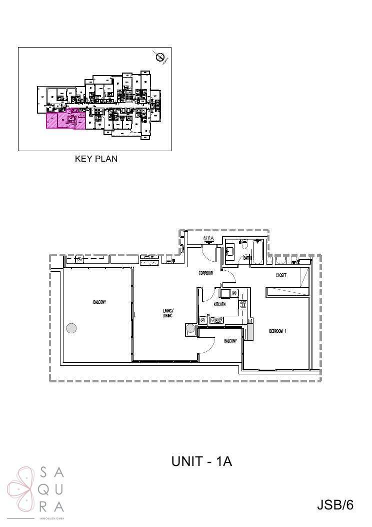 Grundriss der Einheit 1A mit offenem Wohn-/Essbereich, Küche, Schlafzimmer und zwei Balkonen.
