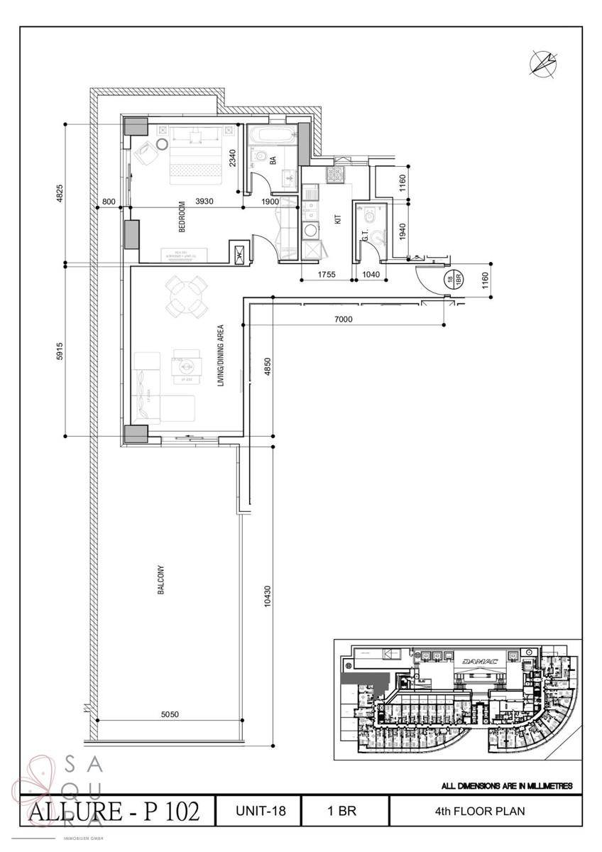 Grundriss einer Wohnung mit einem Schlafzimmer, Wohnbereich und großem Balkon.