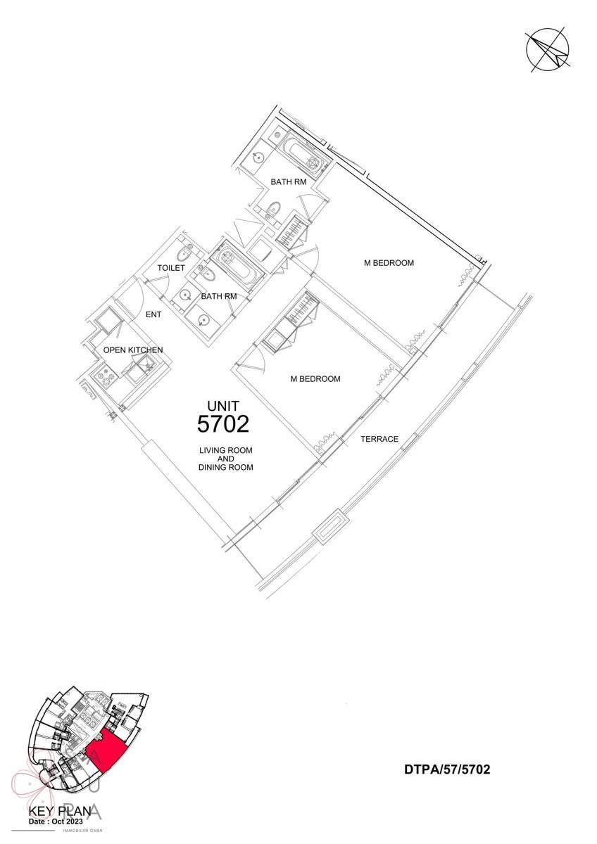 Grundriss der Wohneinheit 5702 mit offener Küche, Wohn-Essbereich und Terrasse.