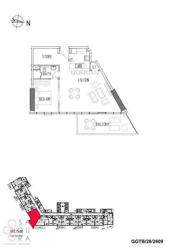 Grundriss einer Wohnung mit Wohn-/Essbereich, Schlafzimmer, Bad und Balkon.