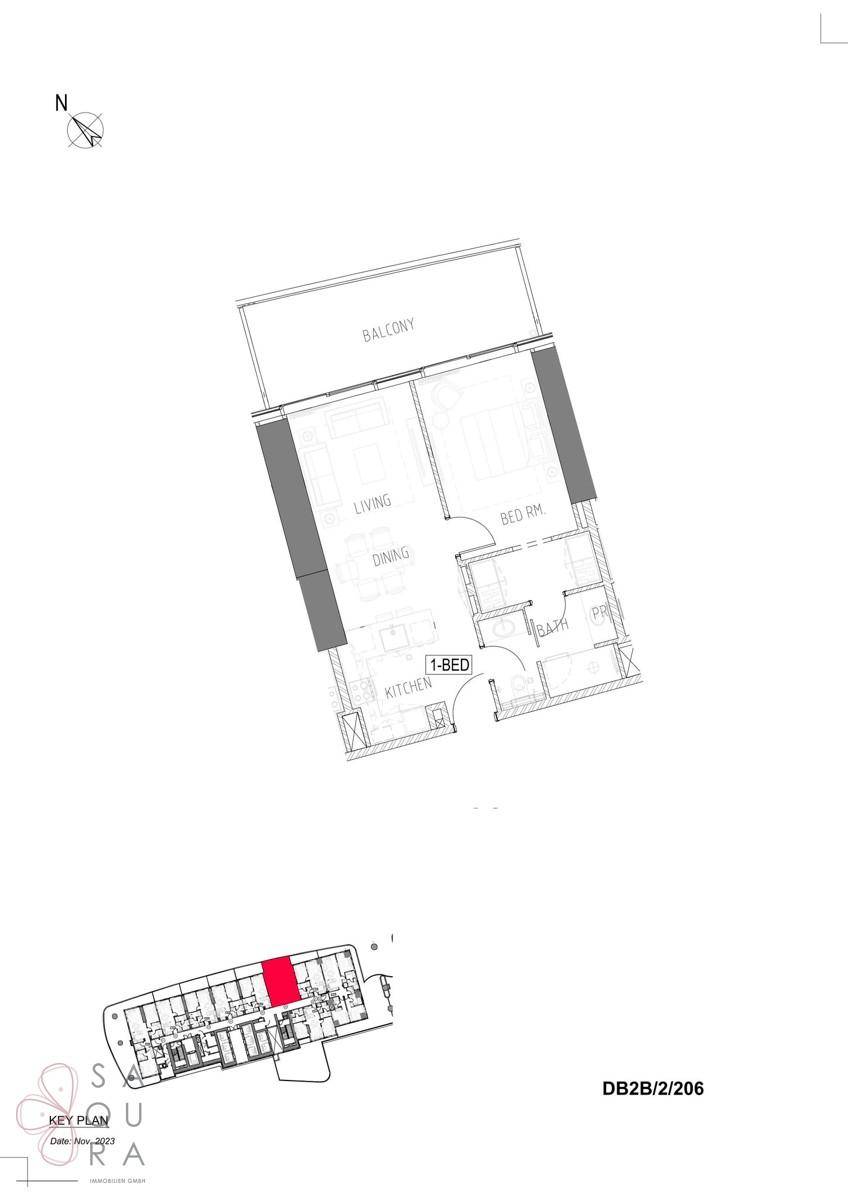 Grundriss einer 1-Zimmer-Wohnung mit offenem Wohnbereich, Küche und Balkon.