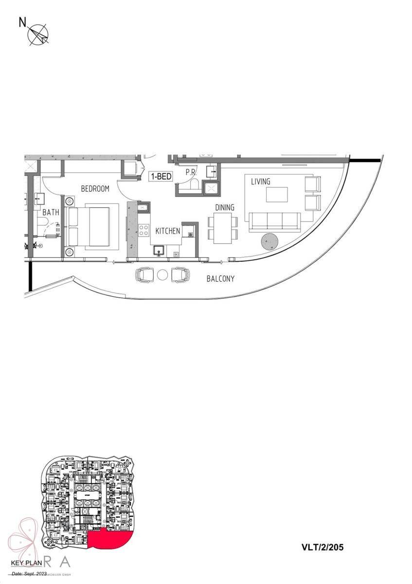 Grundriss einer 1-Zimmer-Wohnung mit Balkon und offenem Wohnbereich.