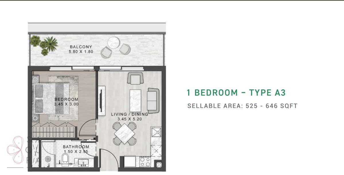 Grundriss einer 1-Zimmer-Wohnung mit offenem Wohn-/Essbereich, Schlafzimmer und Balkon.