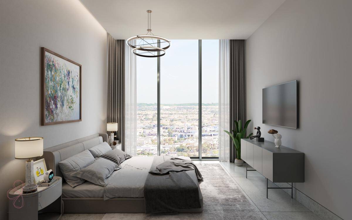 Helles Schlafzimmer mit großem Bett, raumhohen Fenstern und Panoramablick auf die Stadt.
