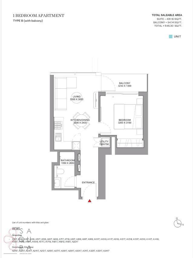Grundriss einer 1-Zimmer-Wohnung mit Balkon und offenem Wohn-/Essbereich.