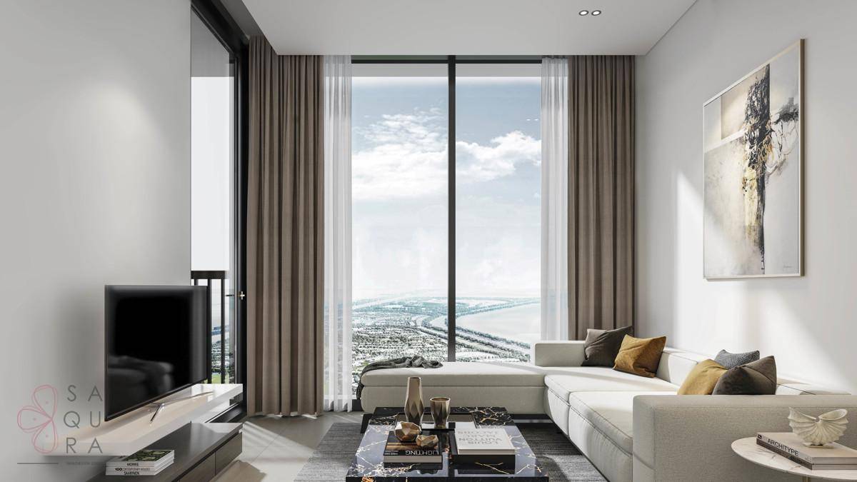 Modernes Wohnzimmer mit bequemer Couch, großem Fenster und weitem Stadtblick.