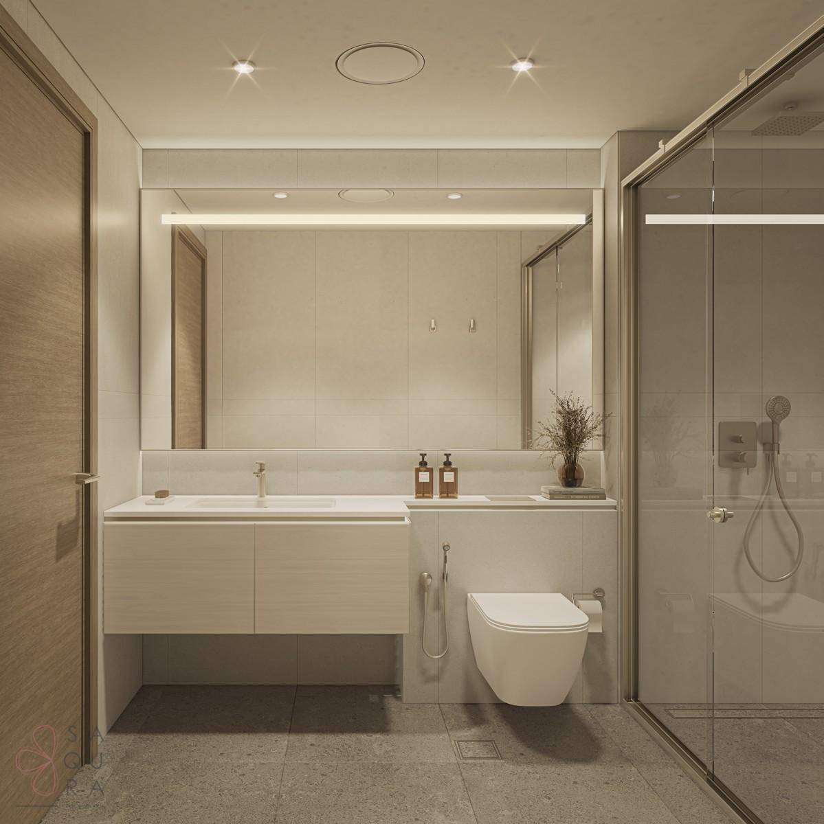 Modernes Badezimmer mit begehbarer Dusche, wandhängendem WC und elegantem Waschtisch.