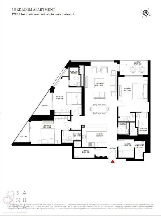 Grundriss einer 3-Zimmer-Wohnung mit Balkonen und offenem Wohn-Essbereich.