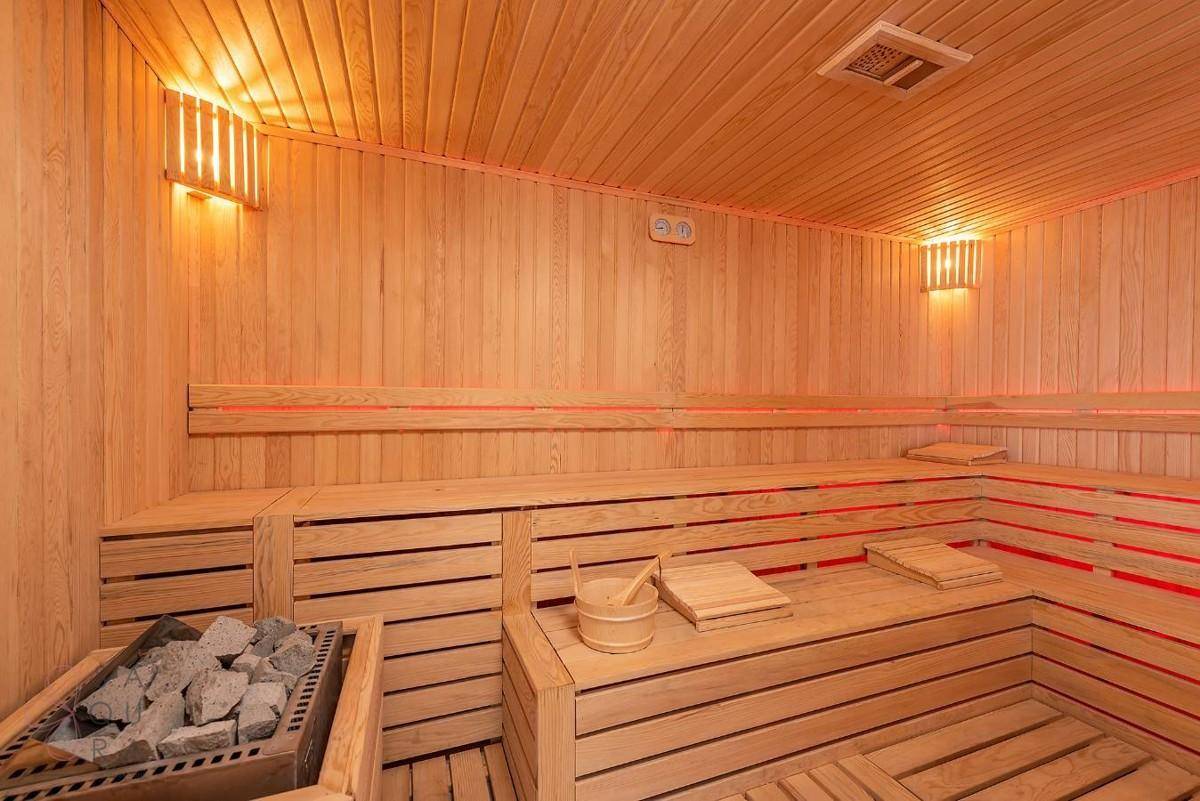 Traditionelle Holzsauna mit mehreren Bänken und einem Saunaofen für Entspannung.