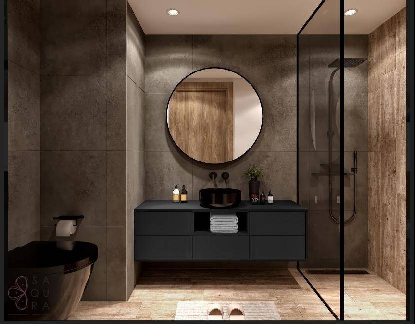 Modernes Badezimmer mit dunklen Fliesen, rundem Spiegel und begehbarer Dusche.