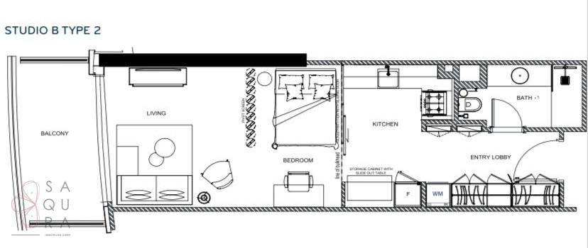 Grundriss eines Studio-Apartments mit Balkon, Wohn- und Schlafbereich.