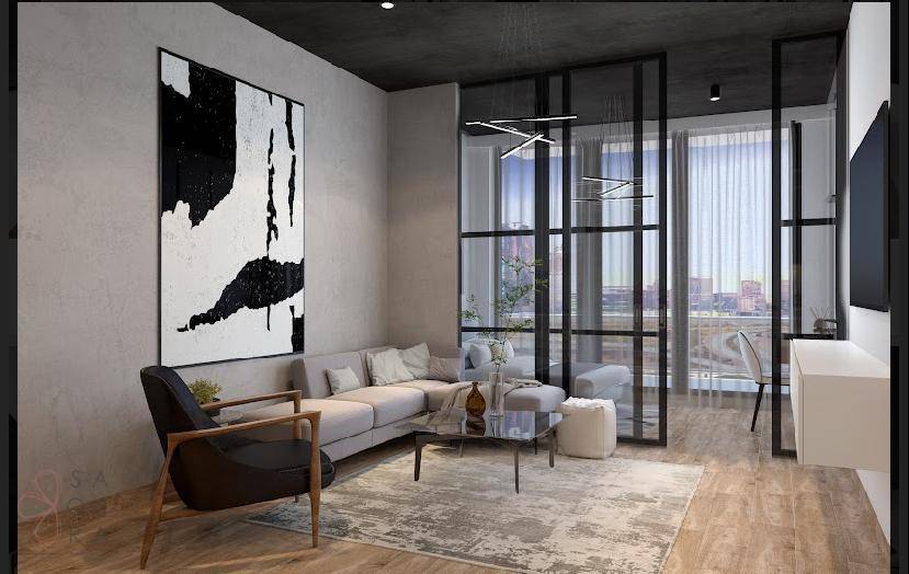 Helles Wohnzimmer mit großem Kunstwerk, bequemer Couch und raumhohen Fenstern.