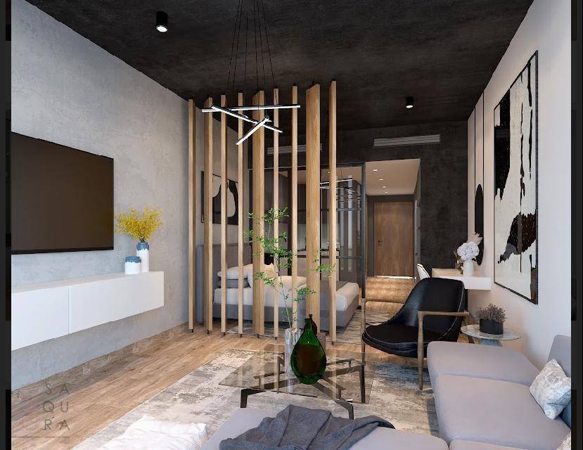 Modernes Wohnzimmer mit dunkler Decke, Holzelementen und stilvoller Raumtrennung.