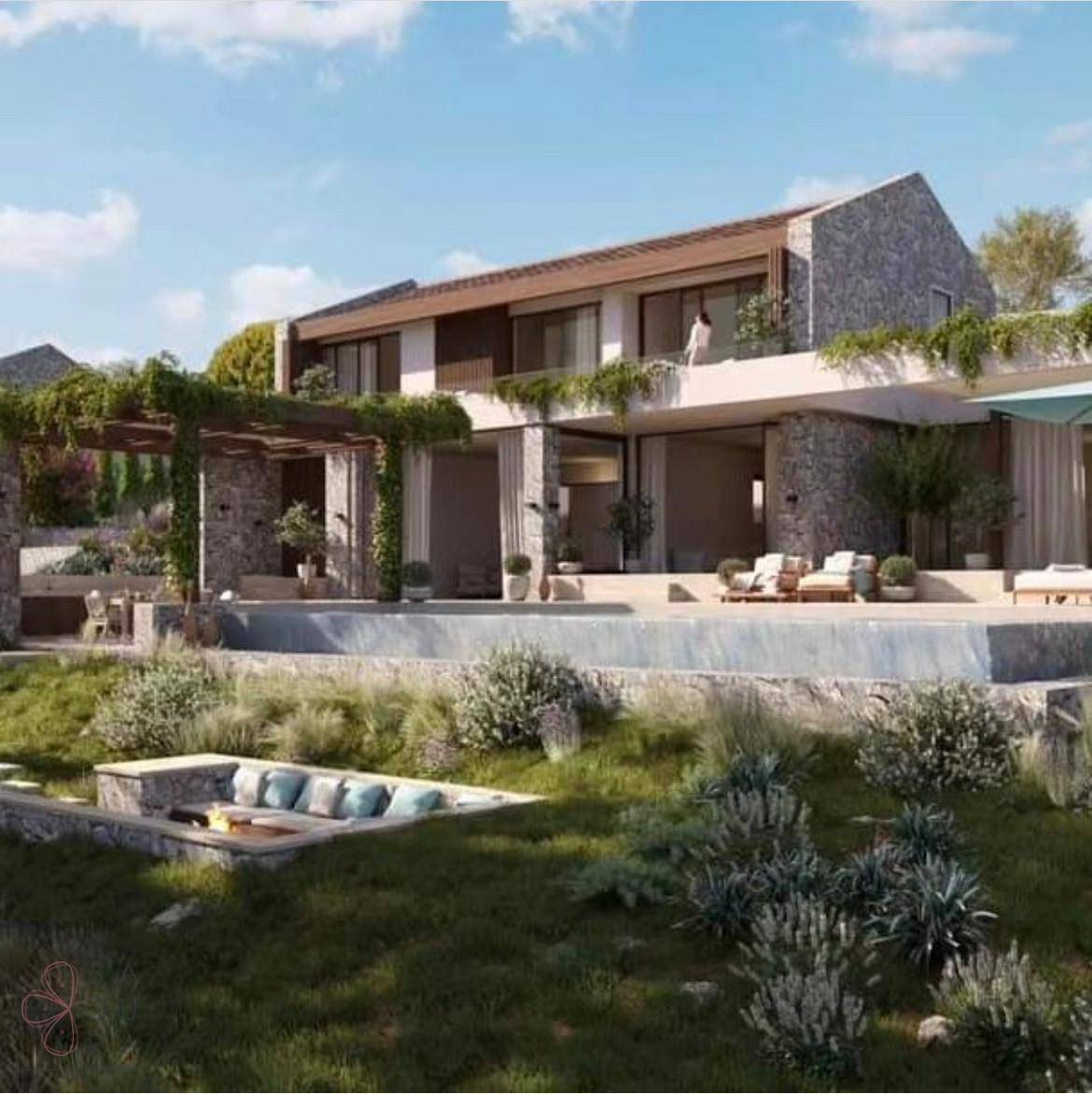 Moderne Villa mit großem Pool, Gartenanlage und Feuerstelle im Freien.