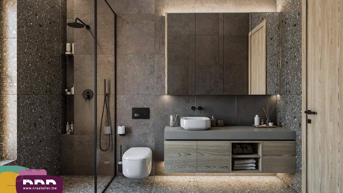 Modernes Badezimmer mit begehbarer Dusche, wandhängender Toilette und elegantem Waschtisch.