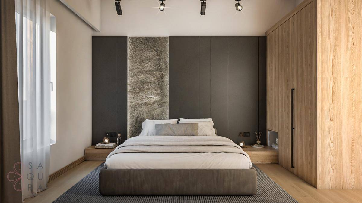Modernes Schlafzimmer mit großem Bett, dunkler Wand und Holzeinbauschrank.