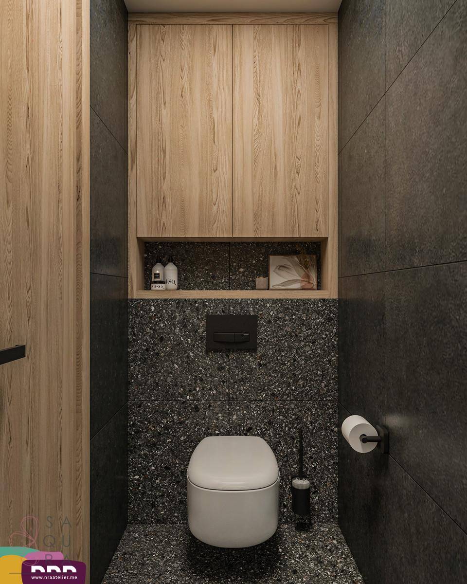 Modernes WC mit wandhängender Toilette, dunklen Fliesen und Holzschränken.