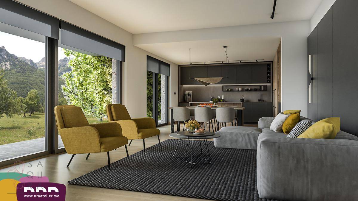 Modernes offenes Wohnzimmer mit integrierter Küche, großen Fenstern und Bergblick.
