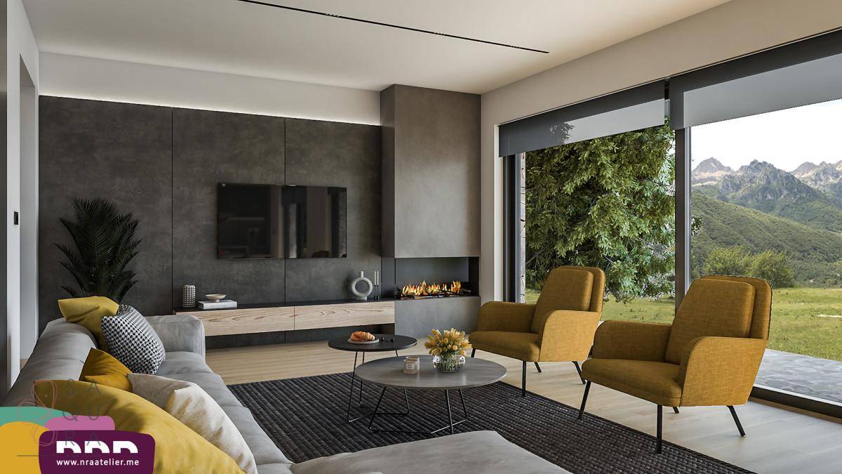 Gemütliches Wohnzimmer mit modernem Kamin, großen Fenstern und atemberaubendem Bergblick.