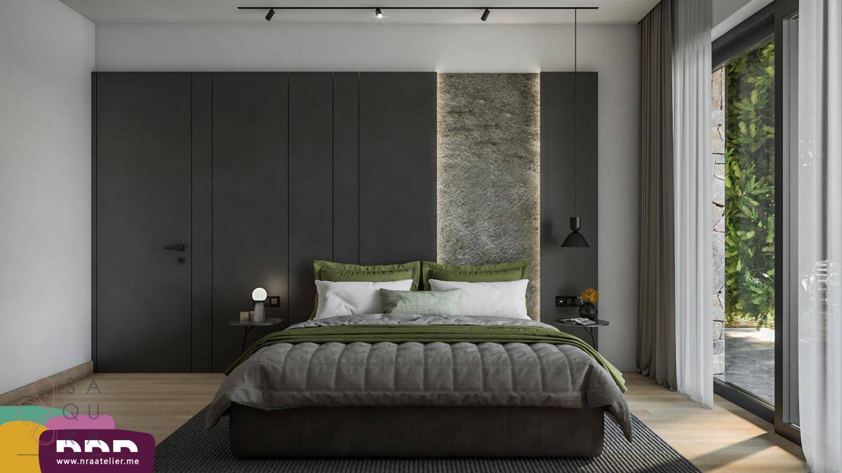 Modernes Schlafzimmer mit großem Bett, grauen Einbauschränken und Zugang zu einem Außenbereich.