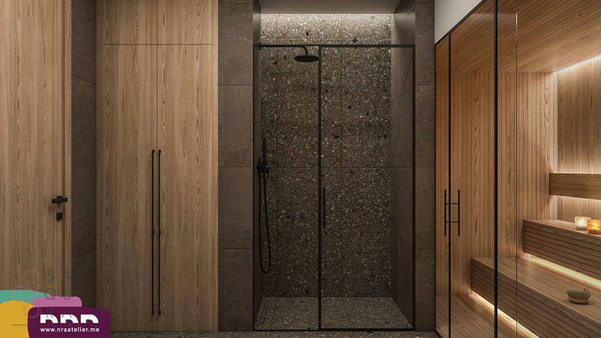 Modernes Badezimmer mit begehbarer Dusche und angrenzender Sauna, alles in Holz und Fliesen.