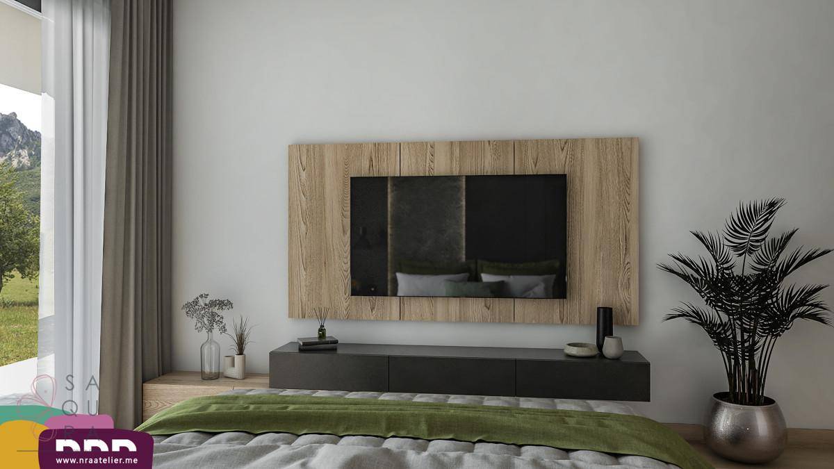 Detailansicht des Schlafzimmers mit einem an der Wand montierten Fernseher und Holzverkleidung.